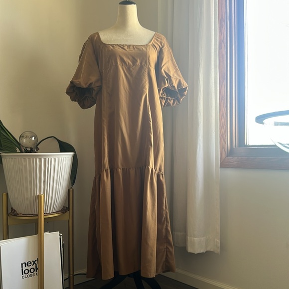 Free People High Low Tobacco Tan Brown Puff Sleeve MIDI Dress size Large - Picture 8 of 15